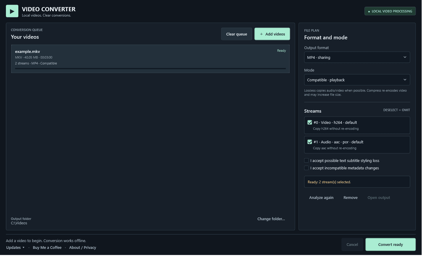 Simple Video Converter with an example MKV selected, output format and mode controls, stream choices and a ready conversion queue.