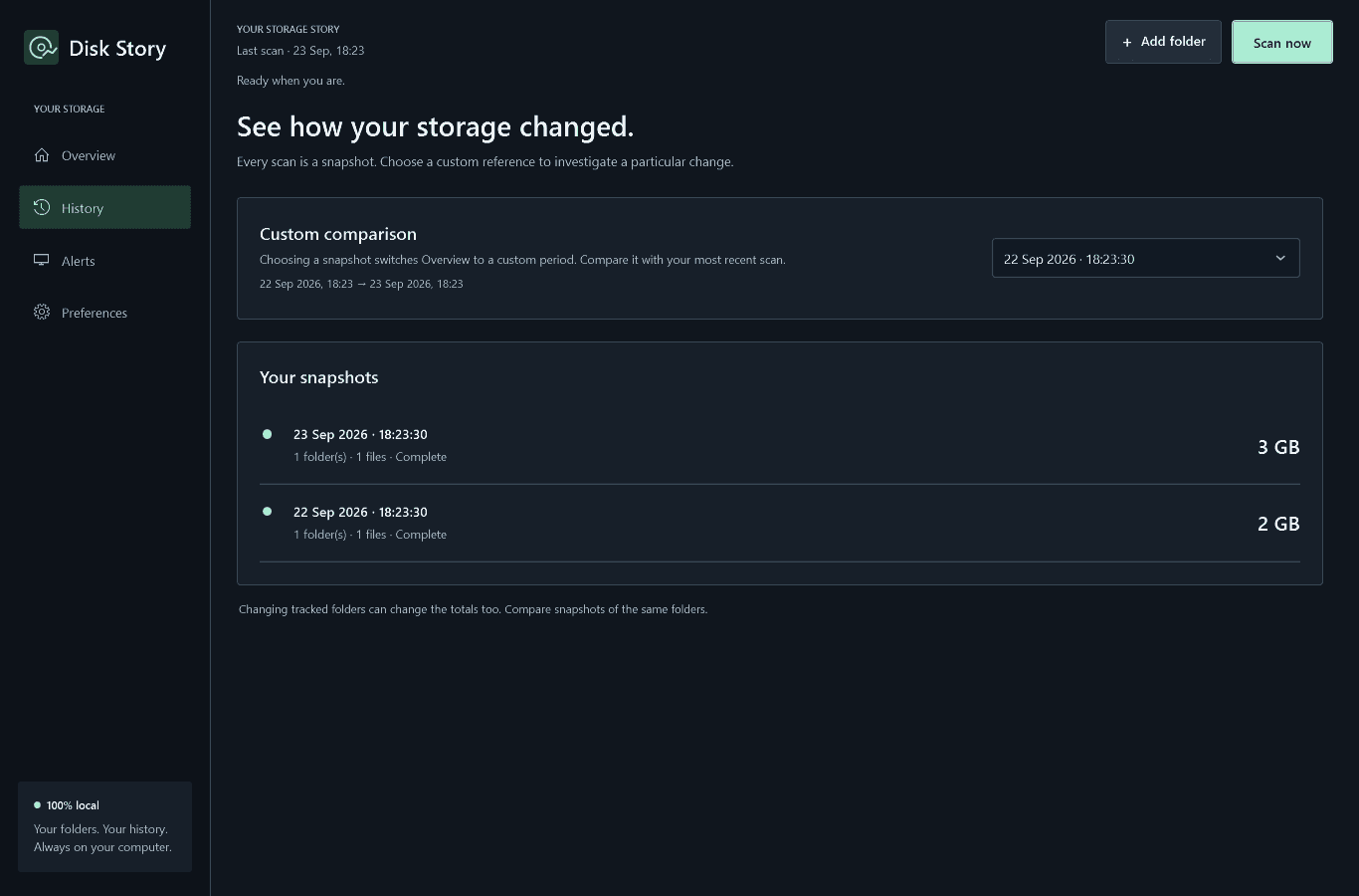 Disk Story History page with two example scans and a custom comparison selector.